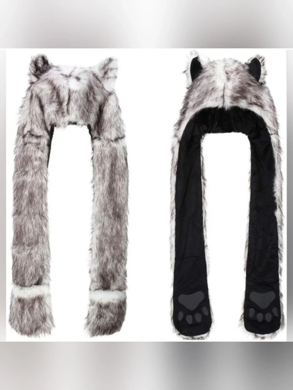Amazon white winter wolf faux fur wolf ears paws as scarf mittens hat hood NWOT